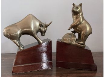 Vintage Wall Street Bull & Bear Brass Bookends