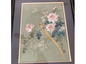 Signed Vintage Japanese Oil On Cork Bird Painting