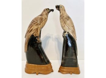 Pair Unusual Carved Horn  12' Bird Figurines On Wooden Base