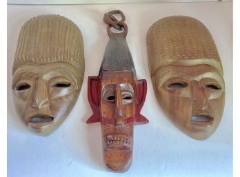 3 Vintage Carved Wood African Wall Masks (D)