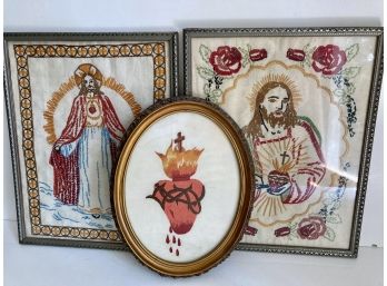 Vintage Lot Religious Embroidery In Frames
