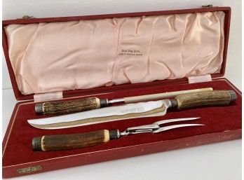 Vintage Stag Horn  3 Pc. Carving Set By Lewis Rose & Co -Near Mint!