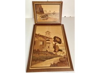 Pair Vintage Sorrento Marquetry Inlay Wood Plaques (B)