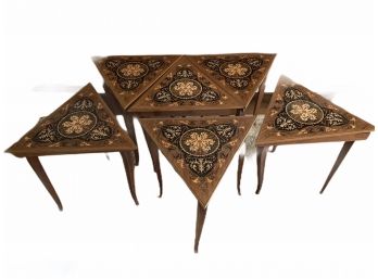 Set Of  6 Giuseppe Sole Inlaid Wood Triangle Music Cox. Tables Each 20' X 20' X 19'