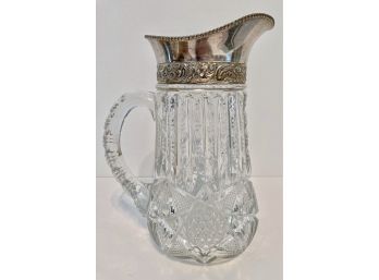 Antique Cut Crystal Water Pitcher W/ SilverPlate Ice Lip And Collar