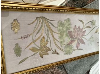 Framed Chinese Silk Textile Of Lotus Flowers  35' X 10'