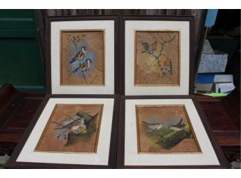4 Oil Paintings On Leaves Of Birds  By Narong