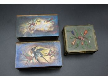 Two Beautiful Hand Painted Match Boxes With Strikers And Footed Glass Top Box