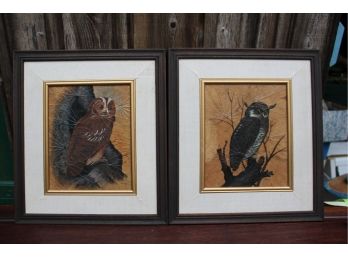 2 Oil Paintings Of Owls On Leaves By Narong