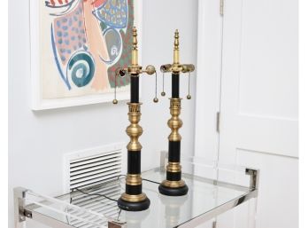 Set Of 2 Tall Neoclassical Brass Ringed And Pierced Black Tole Table Lamps