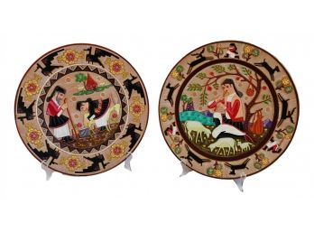 Set Of Two Rare Terracotta Hand Painted Folk Art Wall Plates