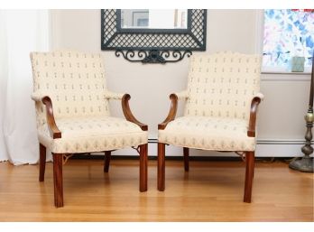 Pair Of Wide Custom Upholstered Camelback Arm Chairs
