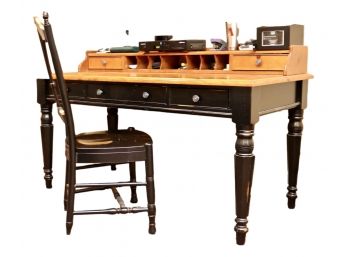 Black And Wood Top Writing Desk With Small Hutch