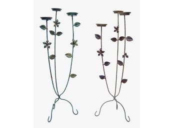 Pair Of Rare Handcrafted Floral Wrought Iron Candle Holders Floor Sized