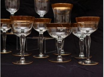 Antique Austrian Encrusted Gold Trim Hand Blown Crystal Wine Glasses Set Of 24