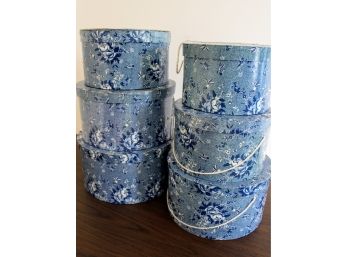 Lot Of 6 Blue & White HAT BOXES With Flower Decor! 2 Sets Can Fit Into Each Other!