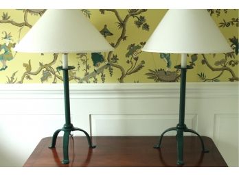 Pair Of Vintage STEAMPUNK INDUSTRIAL Green 3 Legged Iron Table Lamps