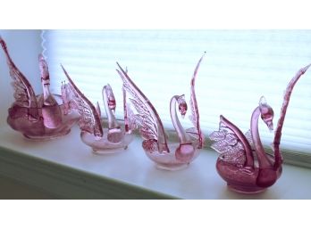 Incredible Set Of Hand Blown Pink Glass Swans!