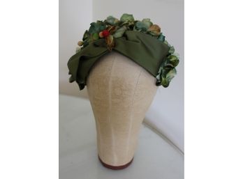 Cool Green Fruit & Flowers Vintage Hat With A Silk Bow!