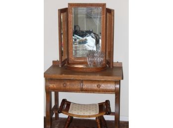 Antique Oak Vanity With Mirror And Stool