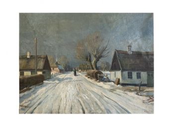 Vintage Danish Winter Painting, Signed C.J.V.