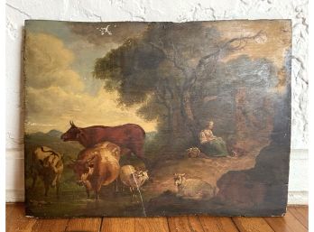 Antique Primitive Countryside Farm Painting On Wood