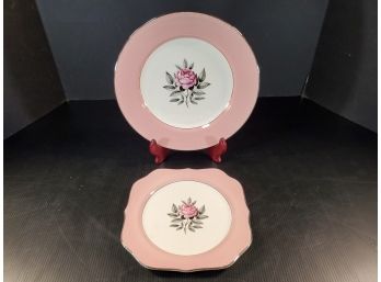 Beautiful Vintage Cunningham And Pickett Norway Rose Hand Decorated Plates With Silver Trim