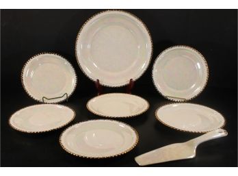 Vintage Pearl China Porcelain Hand Painted 22K Rimmed Iridescent Lustre Finish Cake Plate Dessert Set