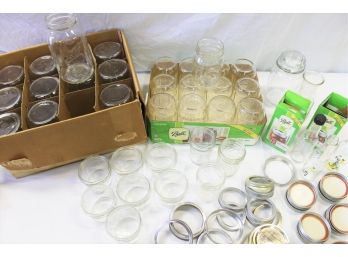 Large Group Of Various Sized Ball Mason Jars With Lids