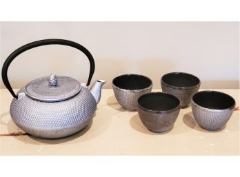 Lovely Textured Cast Iron Silver Japanese Tea Set