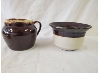Vintage Antique Crockery Bowl & Pfalztgraff Pottery Drip Glaze Bean Crock (No Lid)