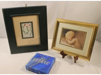 Three Pieces Of Decorative Wall Art Including Angel, Believe & Signed Picture Of Tulips