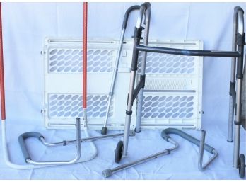 Group Of Medical Mobility Items Including Walker, Bed Rail, Cane, Etc.