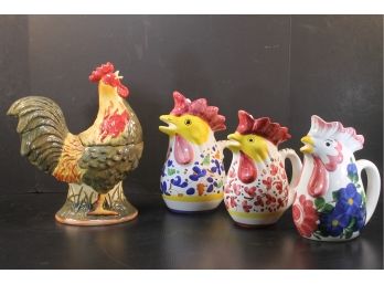Set Of Three Chicken Gravy Boats Hand Painted In Italy & Rooster Two Piece Jar Hand Painted By Park Designs