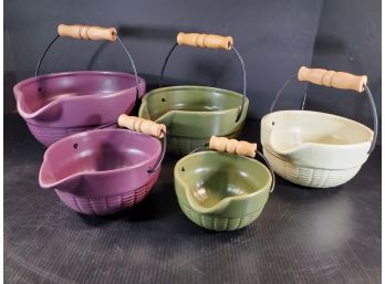 Set Of Five Matte Finish Ceramic Nesting Mixing Bowls With Handles