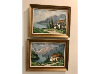 Pair Of Petite Oil On Canvas Paintings Depicting Waterfront Mountain Scene