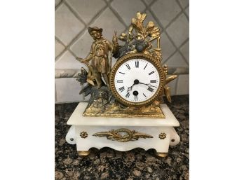 Antique Brass And Heavy White Stone Mantle Clock