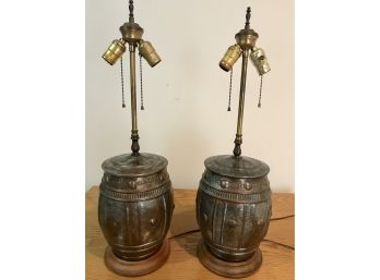 Pair Of Unique Copper Barrel Style Lamps