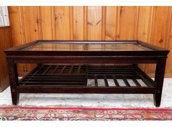 Glass Topped Wooden Coffee Table W Slat Design