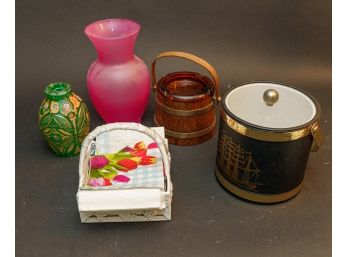 Vintage Moser Style Painted Vase, Ship Themed Ice Bucket And More