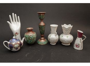 Belleek Vases, Copper Mosaic, And Painted Porcelain Ceramic Tabletop Décor