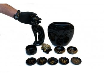 Rosenthal Cat, Champlevé Turtle Form, Black Ceramic Vase, Gold Painted Trinket/Ashtrays