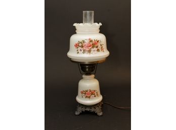Vintage Milk Glass Hurricane Lamp W Floral Motif