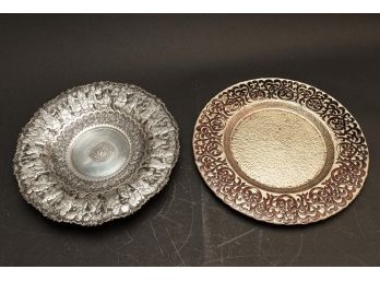 Persian Ghalam Zani Etched Plate & Painted Platter W Embossed Design