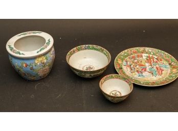 Chinese Famile Rose Painted Porcelain Dishes & Planter Pot