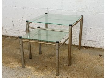 Vintage Glass Topped End Tables W Tubular Metal Bases