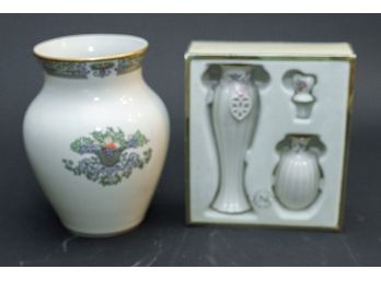 Lenox Vanity Set And Painted Ceramic Vase W Floral And Leaf Motif