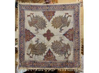 Vintage Persian Textile With Hand Knotted Fringe - Makers Mark On Reverse