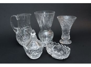 Collection Of 5 Cut Crystal Glass Vases, Pitcher & Trinket Dishes