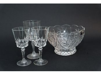 Cut Crystal Bowl And 3 Wine Glasses